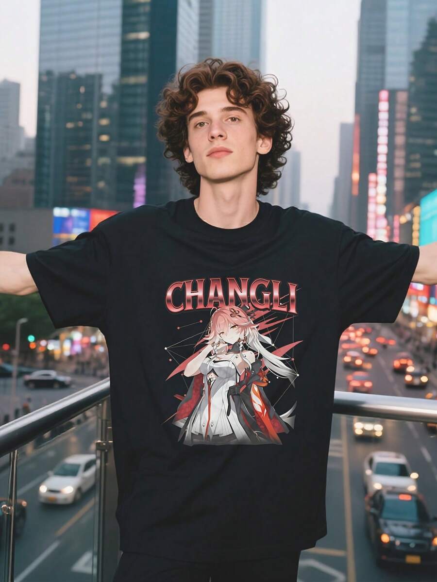 Camiseta de Hombre Changli Howling Waves - Manga Corta, Cuello Redondo, Estilo Casual Urbano, Adecuada para Fiestas Temáticas y Uso Casual. Hecho de puro algodón para un uso cómodo. Adecuado - Negro - Ver 1