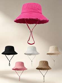 1pc/Set Women's Drawstring Bucket Hat, Adjustable Chin Strap Design, Distressed Effect, Soft Fabric, Sun Protection, Windproof, Fashionable And Versatile, Suitable For Travel, Beach, Vacation, Casual Daily Wear - Multicolor - View 3