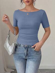 PRETTYGARDEN Women's Spring Fall Long Sleeve Shirts Crop Going Out Tops Casual Boat Neck Bell Sleeve Ribbed Ruched Y2K Clothes - 藍灰色 - 查看 7
