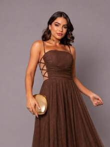 LONG BRIDESMAIDS WEDDING DRESS WITH TULL FLAT AND BRAIDED SHINE - BROWN - View 2