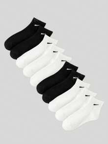 1/3/5/6/10 Pairs Black & White Solid Color Minimalist Striped Casual Short Socks, Suitable For Daily Wear - Multicolor - View 3
