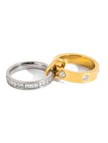 Uself 2pcs/1pc Luxury 18k Gold & Silver Two-Tone Stainless Steel Rings, Women's Waterproof Design Statement Rings, Stackable Jewelry, Gift For Her - Multicolor - View 8