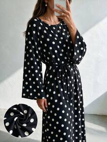 1pc Women's Polka Dot Dress, Wide Sleeves, Self-Tie Waist, Flowy French Style, Casual Commute Dress - Multicolor - View 8