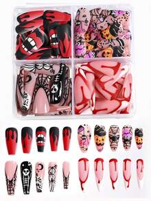 96 piezas (4 estilos mixtos) de uñas postizas de Halloween, uñas falsas de ataúd y almendra, diseño de telaraña, calabaza, esqueleto, goteo de sangre y dientes de vampiro, puntas de uñas falsas largas de cobertura completa para disfraz de Halloween, fiesta y decoración de manicura diaria - Multicolor - Ver 1