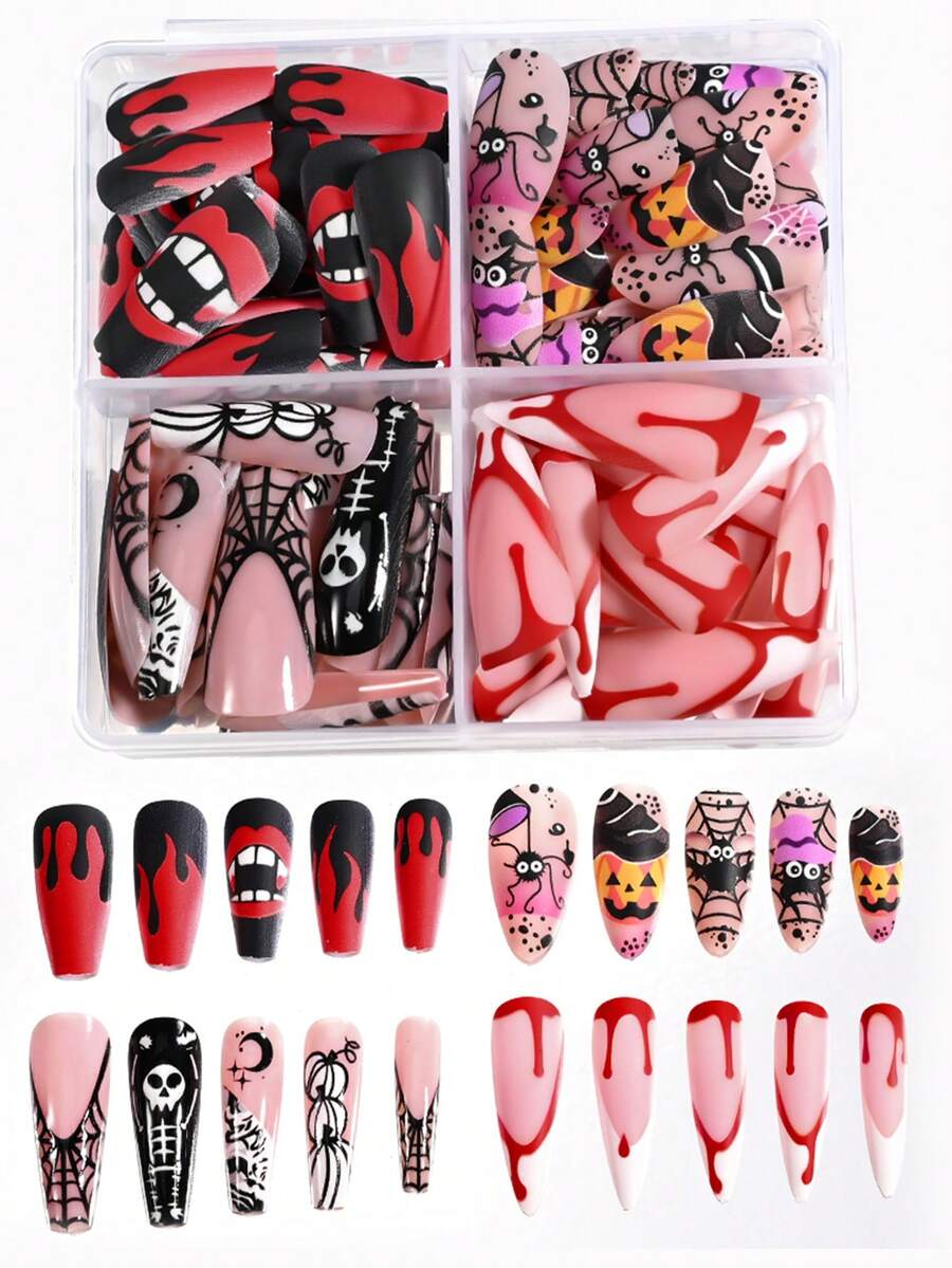 96 piezas (4 estilos mixtos) de uñas postizas de Halloween, uñas falsas de ataúd y almendra, diseño de telaraña, calabaza, esqueleto, goteo de sangre y dientes de vampiro, puntas de uñas falsas largas de cobertura completa para disfraz de Halloween, fiesta y decoración de manicura diaria - Multicolor - Ver 1