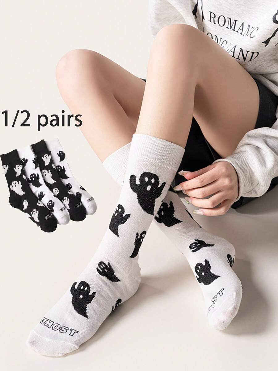 1/2 Pairs Halloween Cute Cartoon Black & White Ghost Pattern Mid-Calf Socks, Creative Couple Black & White Versatile Mid-Calf Socks - Multicolor - View 1