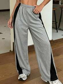 Women's Drawstring Waist Straight Leg Sports Pants - Light Grey - View 3