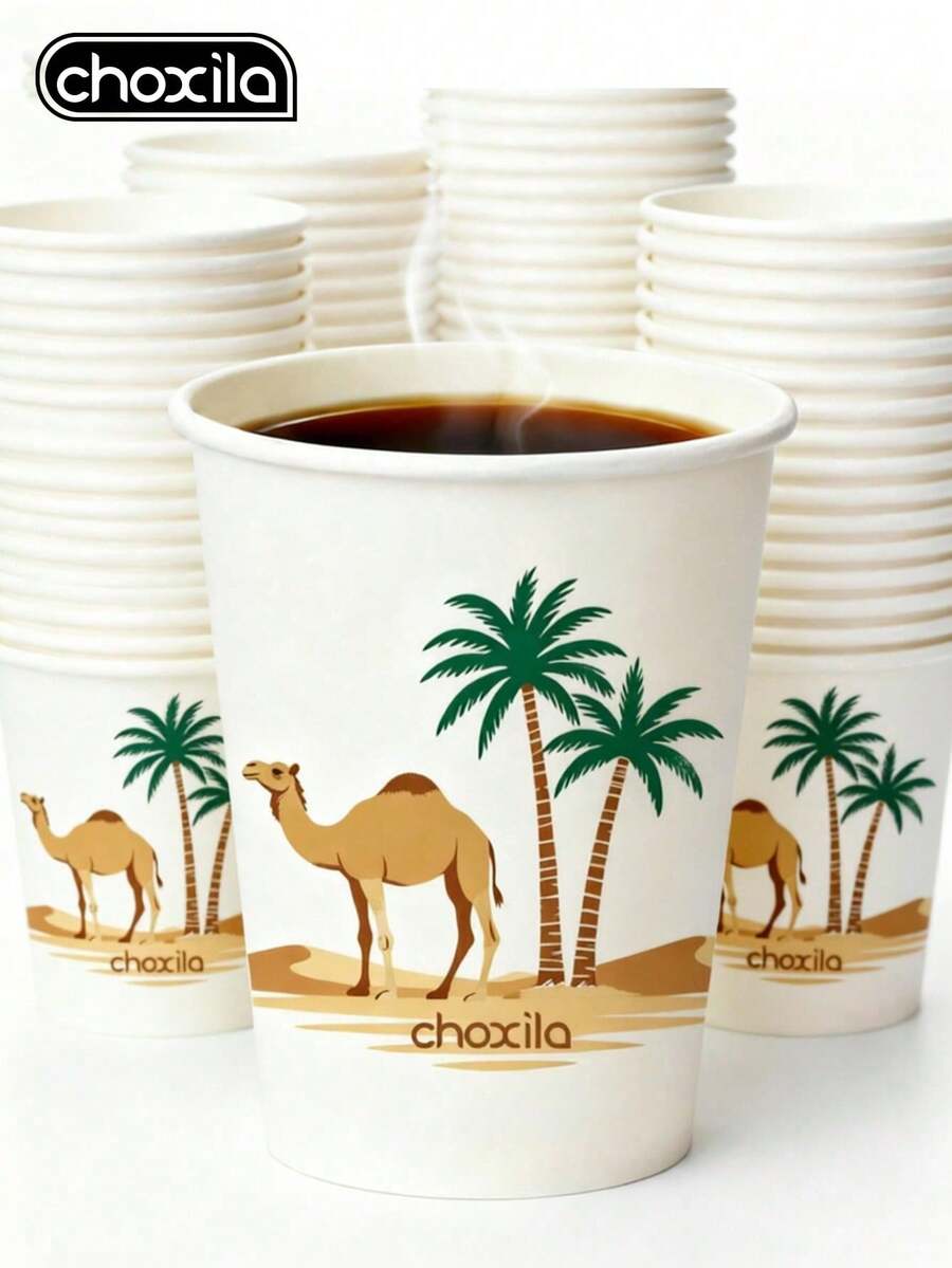 choxila 25/50/100個一次性紙杯，駱駝圖案，咖啡杯，中東風格印花杯，茶杯，派對紙杯，適合招待客人、派對、齋月 - 駱駝牌紙杯 - 查看 1
