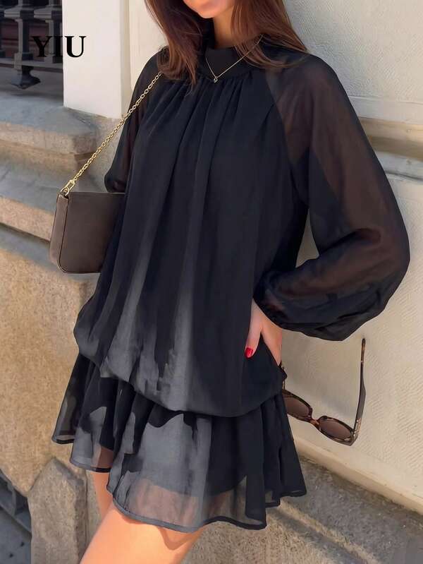 YIU Women's Elegant Black A-Line Mini Dress, Stand Collar Design, Long Semi-Sheer Sleeves, Woven Fabric, Casual Sexy Fashion Style
