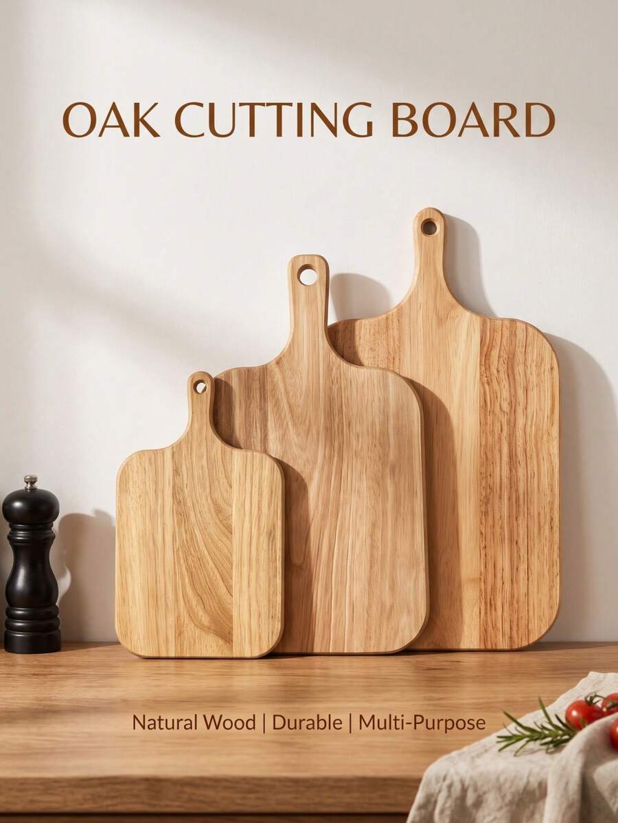 1pc Oak Wood Cutting Board With Handle, Wooden Meat Vegetable Fruit Bread Cheese Tray, Easy To Clean And Store, Kitchen Camping Meal Prep Accessory, Home Decor