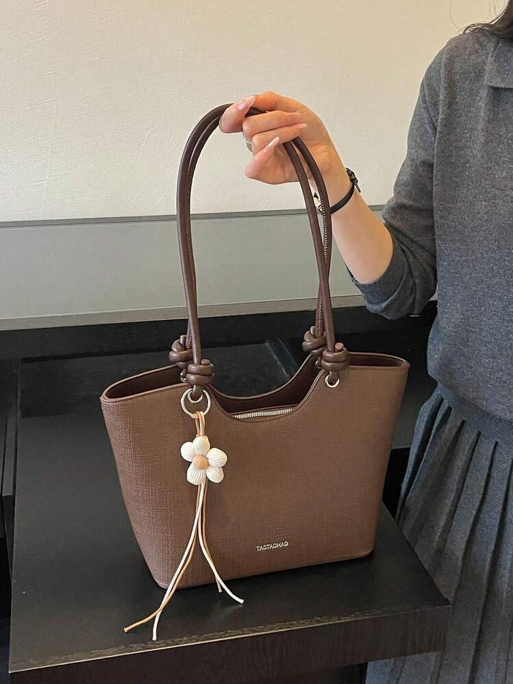 Women's Shoulder Tote Bag, Large Capacity, Minimalist Coffee Color, Cute Gentle Elegant Floral Charm, Suitable For Shopping And Commuting - Coffee - View 3