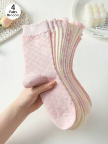 4 pares de calcetines de estilo ballet a media pantorrilla con volantes, rayas y flores en rosa & blanco, suaves & cómodos, para usar en todas las estaciones, color aleatorio - Multicolor - Ver 3