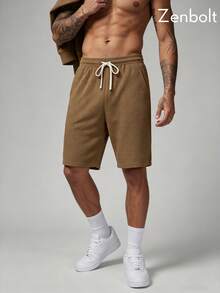 Zenbolt Men's Casual Loose Fit Waffle Knit Shorts, Elastic Waistband With Adjustable Drawstring, Functional Side Pockets, Minimalist Design - Khaki - View 1