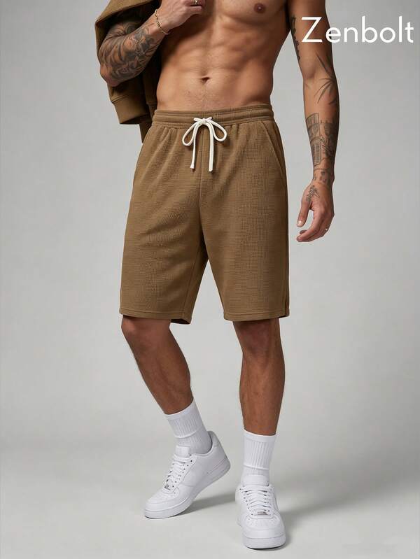 Zenbolt Men's Casual Loose Fit Waffle Knit Shorts, Elastic Waistband With Adjustable Drawstring, Functional Side Pockets, Minimalist Design
