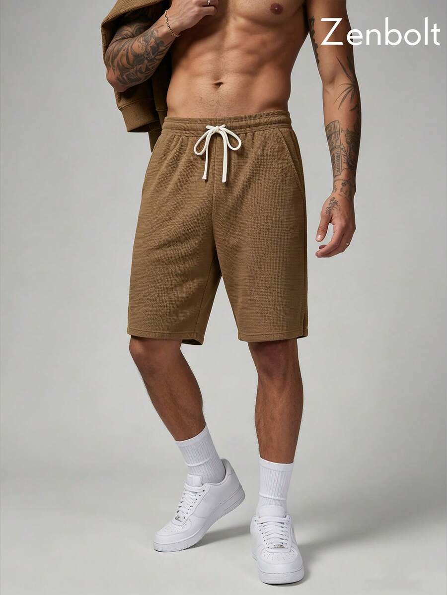 Zenbolt Men's Casual Loose Fit Waffle Knit Shorts, Elastic Waistband With Adjustable Drawstring, Functional Side Pockets, Minimalist Design - Khaki - View 1
