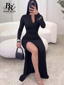 Robe longue moulante fendue pour femme BADDIE REALM, sexy pour soirée en amoureux - Noir - Voir 5