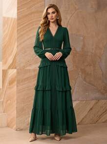 Spring Green Ruffle Hem Patchwork Dress, V-Neck Lantern Sleeve Hollow Waist Design, Suitable For Party, Elegant - Dark Green - View 1
