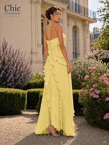 Yellow:Yellow Cross Halter Flowy Pleated Ruffle Maxi Dress - 黃色 - 查看 3
