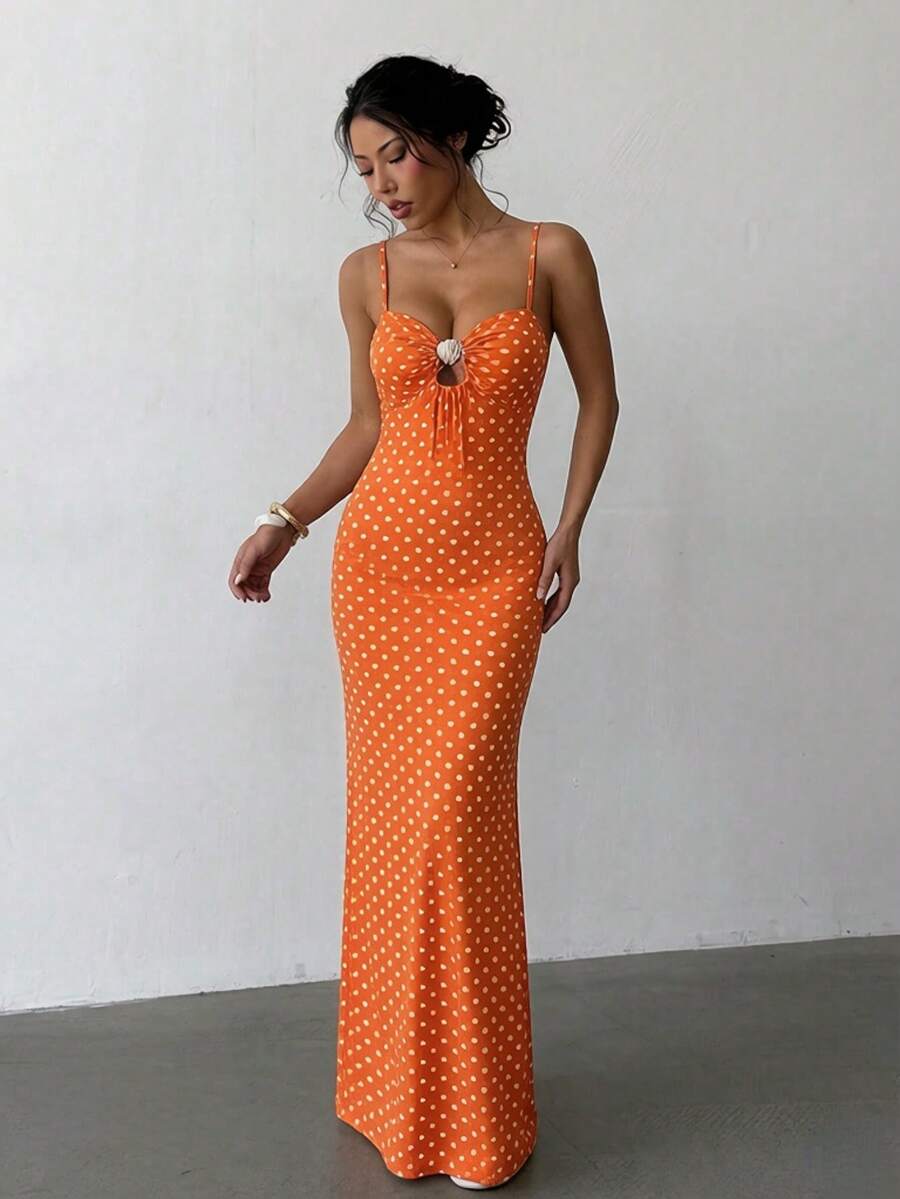 Summer Polka Dot Elegant Spaghetti Strap Dress, Suitable For Music Festival, Beach Vacation, Date, Party, Wedding