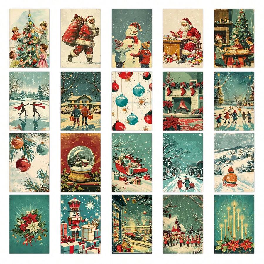 20pcs Vintage Christmas Theme Postcards, Festive Christmas Decorative Cards With Santa, Xmas Tree, Snowman, Winter Scenes & Fireplace Patterns, Perfect For Home Decor, Wall Collage, Holiday Greetings & Gifting - A - View 1