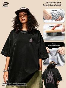 230g Washed Double-Sided Printed Short Sleeve-Shirt, Round Neck Relaxed Fit Casual Tee, Soft Lightweight Versatile Basic Top Daily Wear. - Black - View 4