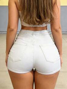 Women's Straight Leg Denim Shorts, Medium Stretch Fabric, Button & Zipper Closure, Short Length - White - View 6