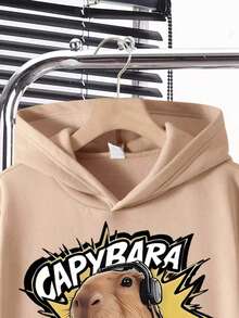 Tween Boy Cartoon Print Warm Hoodie And Pants - Khaki - View 3