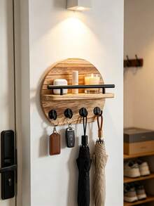 1 Stück runder Holz-Schlüsselhalter mit Wandmontage und Regal, 4 Metallhaken, Eingangsbereich-Organizer, modernes hängendes Aufbewahrungsregal für Schlüssel, Taschen und kleine Gegenstände, Wohndekoration für Flur, Schlafzimmer, Wohnung, Einweihungsgeschenk - Verschiedenfarbig - Übersicht 9