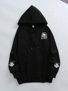 Sweat-shirt-shirt à capuche noir pour femmes grande taille, décontracté, automne/hiver, manches longues, avec poches et imprimé crâne, fleur et lettre - Noir - Voir 3