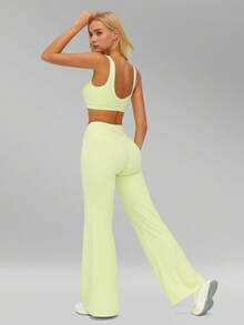 MFVIM Women's Sports Suit, Two-Piece Set With Color-Blocked Lines, Sports Bra And Flared Pants, High-Waisted, High-Elasticity, Quick-Drying Yoga Set - Olive Green - View 10