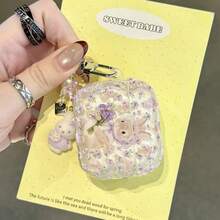 1pc Cute Floral Bunny Print Earphone Protective Case With Plush Bunny Charm, Purple Flower Clear Shockproof TPU Wireless Earbud Cover 1/2/3/4/Pro/Pro2(Nd)/Pro(3rd) - Mauve Purple - View 3