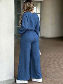 Women's New Solid Color Casual Zipper 2-Piece Set, V-Neck, Suitable For Daily Wear, Home, Office, Spring, Summer, Autumn - Blue - View 2