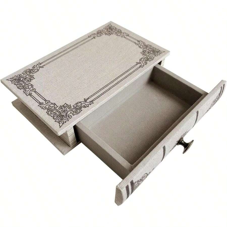 Vintage Book Storage Box With Drawer, Natural Linen-Textured Cover With Classic Frame Pattern, Hidden Organizer Jewelry, Keepsakes Or Desktop Usex 5" X 1.6" - 1PC - View 1