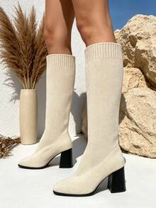 TULIPANO Elegant Women's Chunky Heel Knee-High Boots Chic Spandex Style Perfect For Vacations Dates And Leisure - Beige - View 6