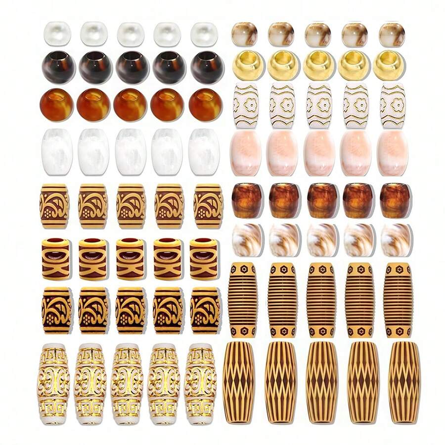 61pcs (60 Beads + 1 Hair Puller) Vintage Gold Pattern Hair Beads Set, Suitable For Braiding, Partial Styling Jewelry, Hair Decoration, Multi-Shape Partial Hair Beads, Unisex Hair Accessories - Multicolor - View 1