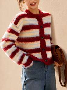 Áo cardigan len dệt kim kẻ sọc phong cách retro thường ngày cho nữ, thiết kế tối giản, phù hợp cho mùa thu/đông - Đỏ và trắng - Xem 5