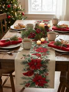 1pc Christmas Red Cardinal Poinsettia Print Table Runner, Pine Cone & Berry Table Runner, Suitable For Dining Table, Desktop, Fireplace Mantel, Living Room And Winter Holiday Decor - Multicolor - View 8