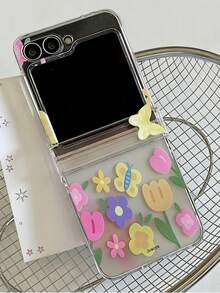 3D Butterfly Colorful Floral Print Graffiti Pattern Phone Case, Compatible With Samsung Galaxy ZFlip 8 Z Z Flip 6 Z Flip 5 Z Flip 4 3 5G, Hinge Protection Case, With Bowknot Random Beaded Bracelet - Flowers - View 3
