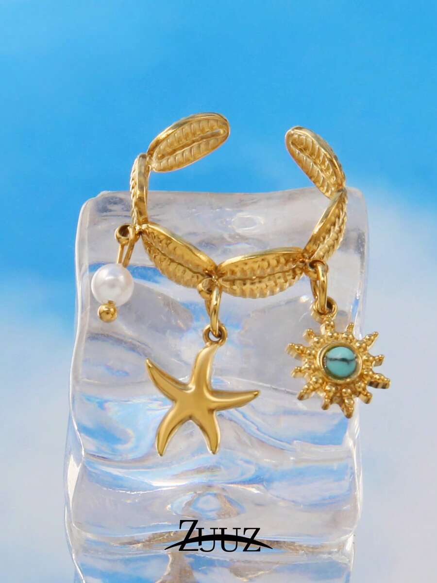 1pc Stainless Steel Open Ring For Women, Fashion Minimalist Sun & Starfish Multi-Pendant Round Finger Ring Jewelry - Ring - View 1