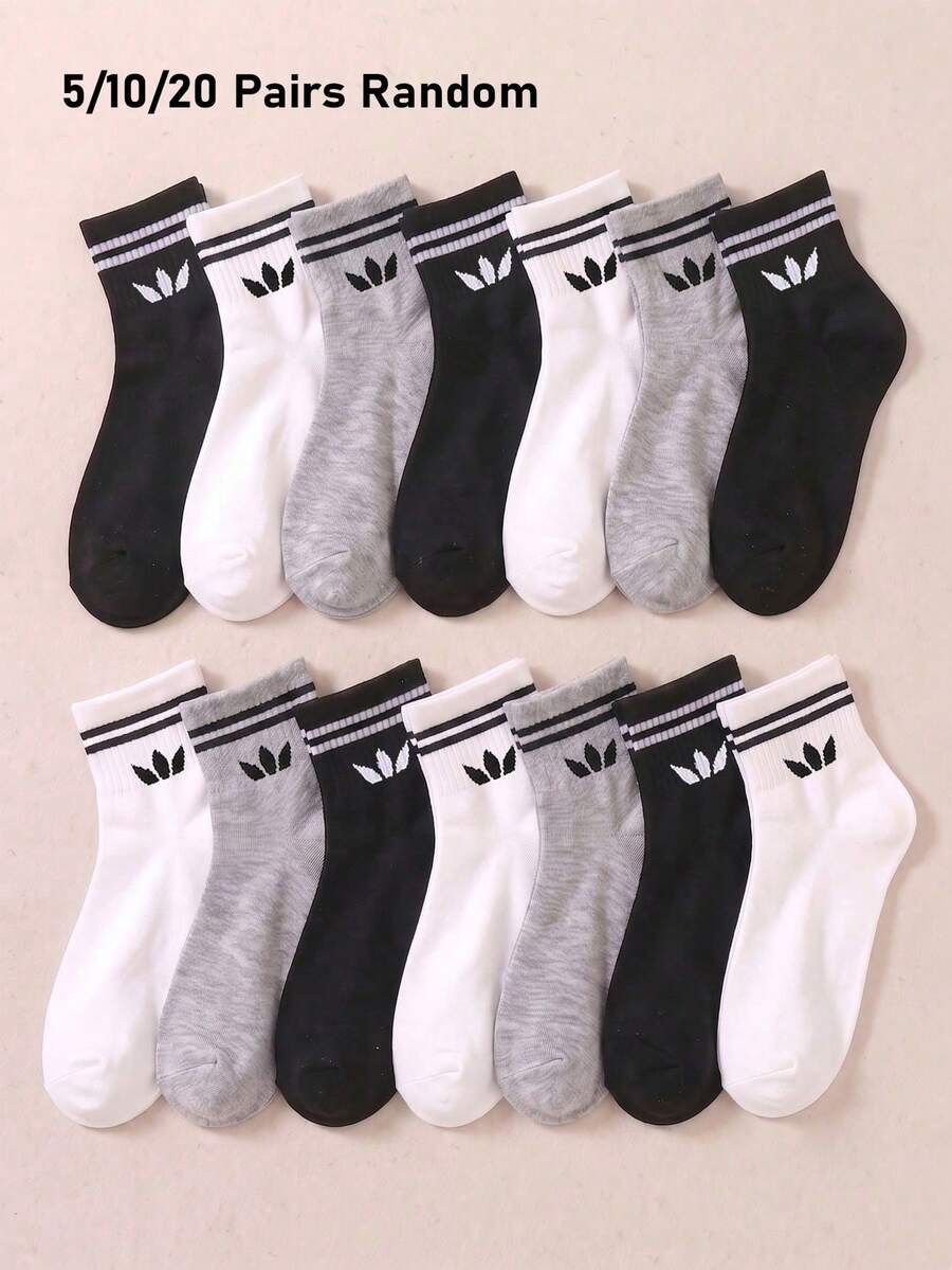 5/10/20 Pairs Random Style Children's Mid-Calf Sports Socks, Classic Black/White/Grey Colorway, Suitable For Daily Wear, Back To School, Travel, Outdoor Running, Kids Gift - Multicolor - View 1