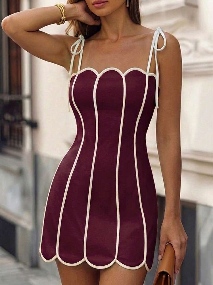 Perirose Women's Red Fashion Vintage Contrast Trim Wavy Edge Spaghetti Strap Bodycon Mini Dress, Autumn Nightlife Outfit, Suitable For Homecoming, Date, Vacation - Red - View 2