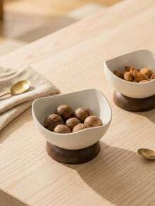 1pc Ceramic Dessert Bowl With Wooden Base - Multi-Use For Ice Cream, Dates & Nuts, Small Serving Tray For Home & Cafe - Multicolor - View 3
