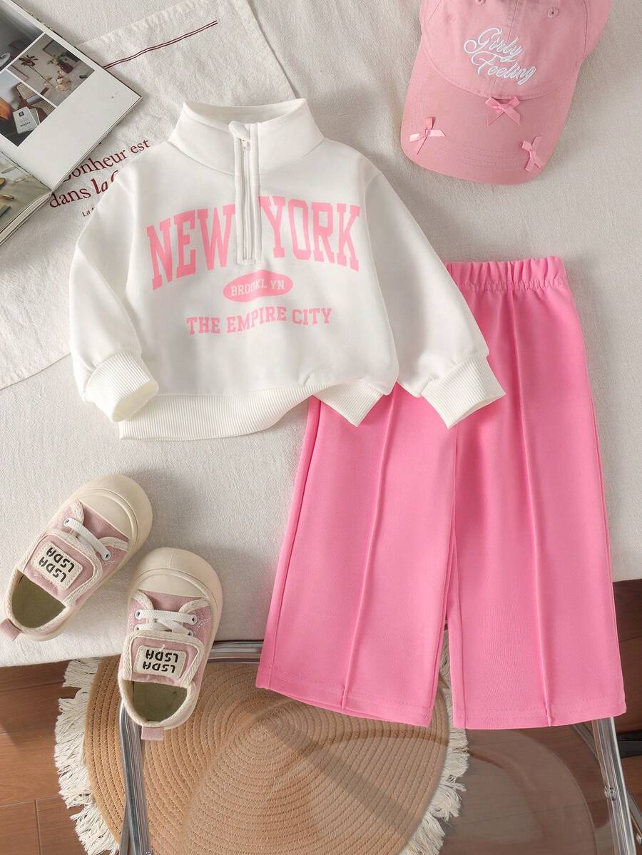 2pcs Baby Girl Sweet Cool Casual Stand Collar Half Zip Printed Long Sleeve Sweatshirt & Wide Leg Pants Set, Thin Spring/Autumn Sporty Style - Pink - View 1
