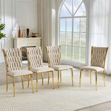 Luxurious Padded Dining Chair, Beige Velvet With Hand-Woven Pattern, Gold Metal Legs, Modern Side Chair For Kitchen And Dining Area - Beige,Gold - View 4