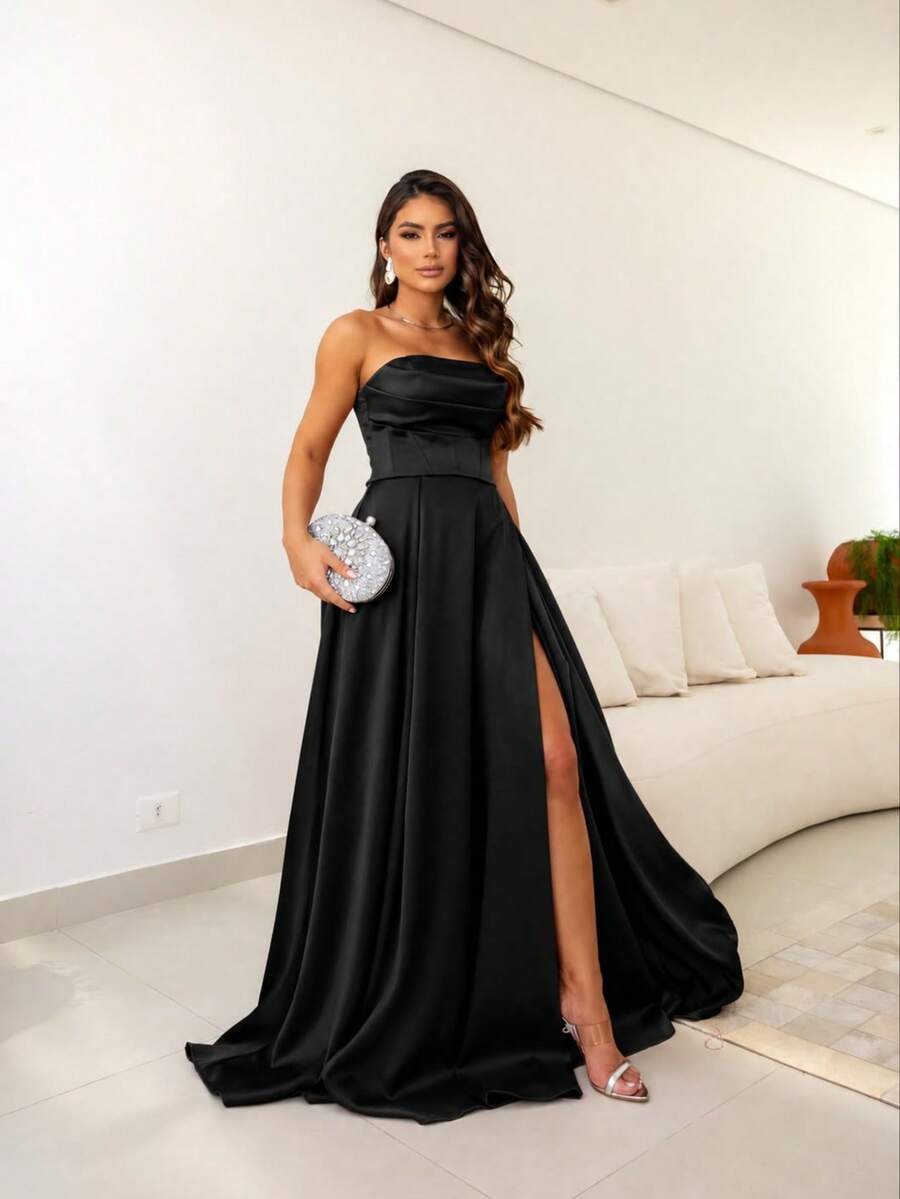 Long Satin Fashionista Bridesmaid Party Dress With Slit - 黑色 - 查看 1