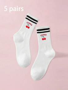 1/3/5 Pairs 3D Printed Cherry Pattern Mid-Calf Socks, Colorful Red Striped Ribbed Splicing Details, Soft And Skin-Friendly - Red - View 38