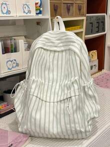 Dedoo Striped Student Backpack, Lightweight Washed Fabric, Front Pocket With Drawstring Side Pockets, Large Capacity Storage, Fresh Korean Style, Suitable For Teenage Girls Daily Use - Multicolor - View 13