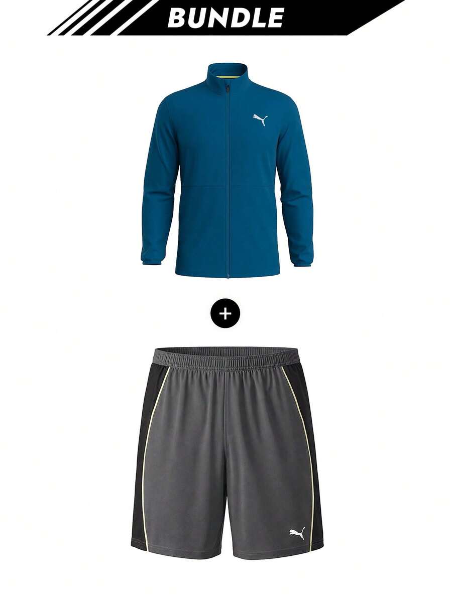 Puma [Bundle] SUEDE Run Favorite Men's Full Zip Jacket Blue + Smash Men's Shorts Grey - Ocean Tropic+Dusky Gray - View 1