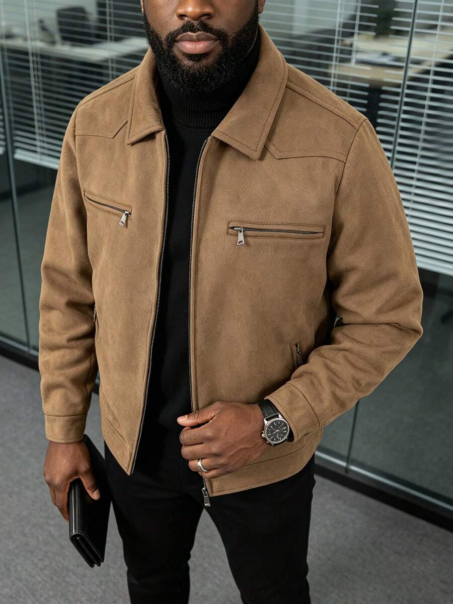 Men's Spring/Autumn Casual Jacket With Zipper Closure And Zipper Pockets, Lapel Collar, Workwear Style, Faux Suede Fabric, Suitable For Daily Life, Work, Travel And Formal Wear - Brown - View 1