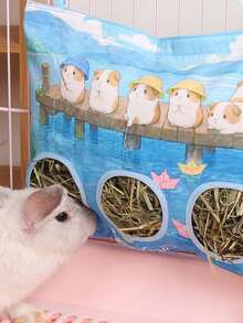 1pc Large 3-Hole Hanging Polyester Feeding Bag, Cute Blue Print Dual-Hole Rabbit Hay Bag, Washable, Cage-Specific, Space-Saving, Suitable For Rabbits, Guinea Pigs, And Other Small Animals, Hamster Supplies, Rabbit Pet Supplies - D - View 4